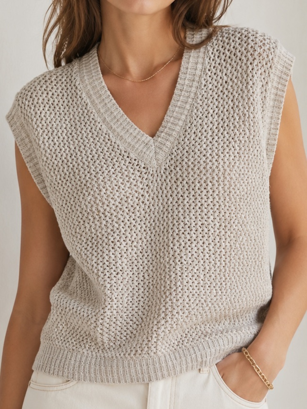 Joie Cream Textured V-Neck Knit Sweater Vest